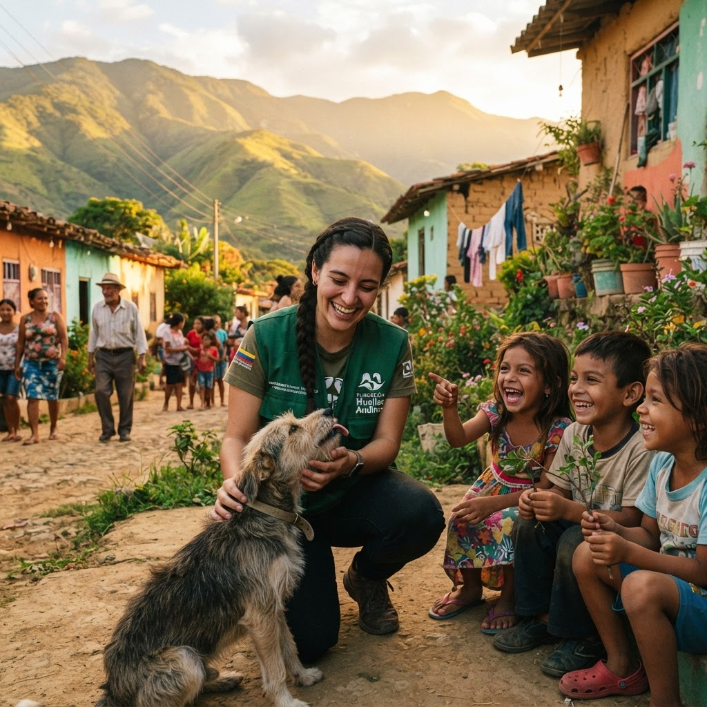 A volunteer caring for a dog while children laugh nearby in a sunlit rural Venezuelan community